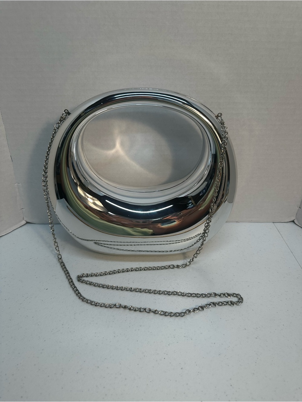 Silver Chrome Oval Acrylic Clutch Purse Chain Strap Futuristic Y2K Statement Bag